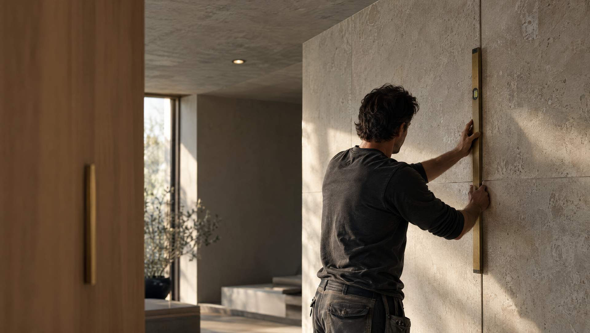 Profissional a verificar com um nível o revestimento de pedra natural de um interior contemporâneo.