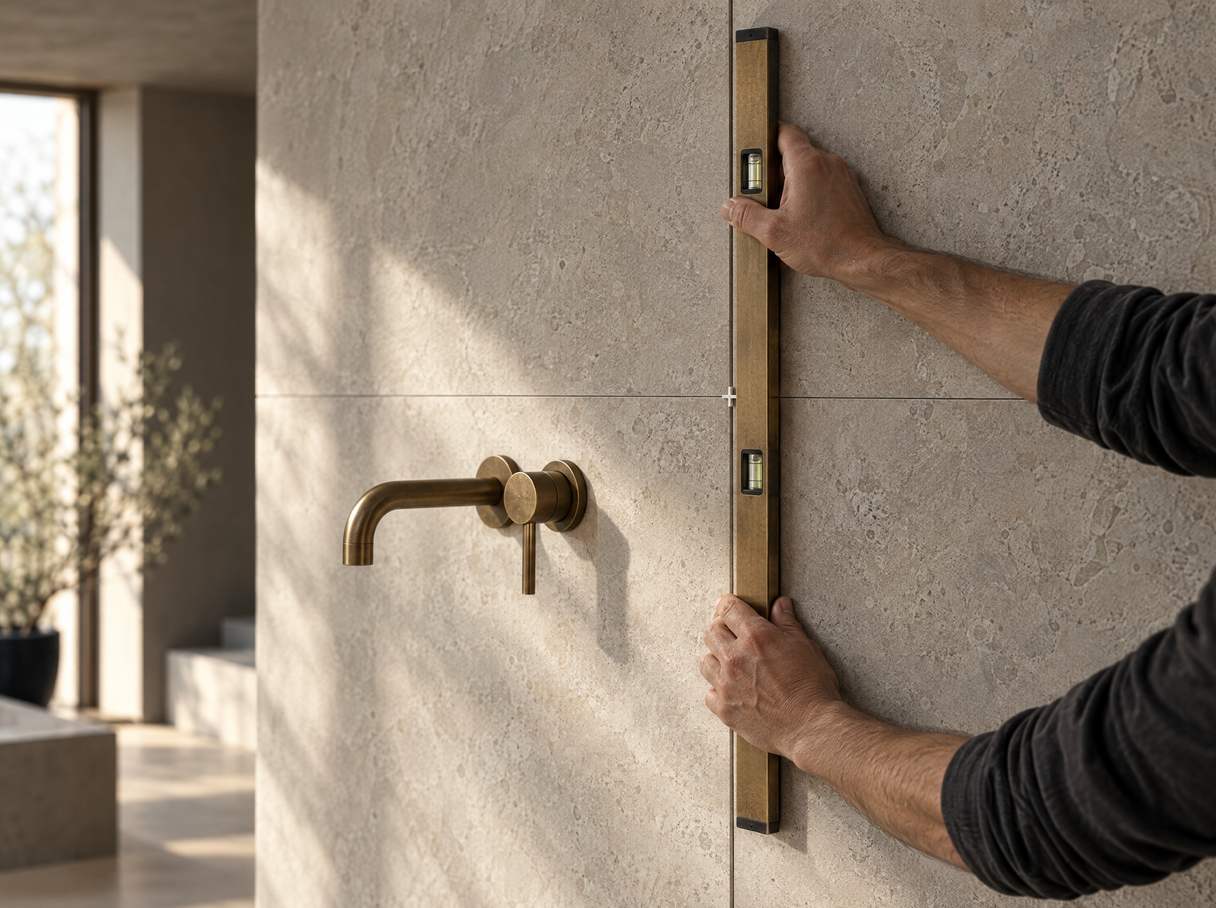 Profissional a verificar com um nível o prumo do revestimento cerâmico de uma casa de banho.