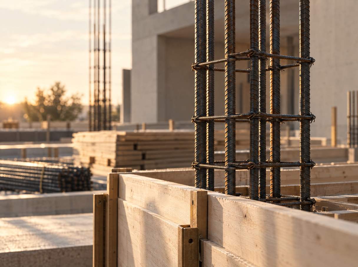 Cofragem e armaduras de aço numa obra de construção ao fim da tarde.